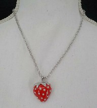 Red Strawberry Charm Pendant Silver Color Chain Necklace Glitz Fashion Jewelry - £7.85 GBP