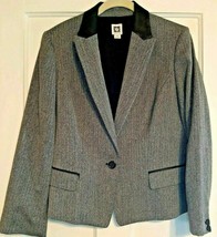 Classic Ann Taylor Blazer Size 10 Black Gray Herringbone Faux Leather Trim  - £9.75 GBP