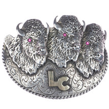 Large 10k/Sterling 1970&#39;s Glad Hand Buffalo belt buckle LC Initials - £646.93 GBP