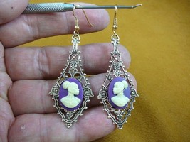 CAE1-32) Rare African American Lady Purple + Ivory Cameo Dangle Earrings Jewelry - £18.71 GBP