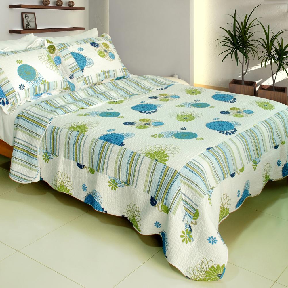 [Fresh Sound] 100% Cotton 3PC Vermicelli-Quilted Patchwork Quilt Set (Full/Queen