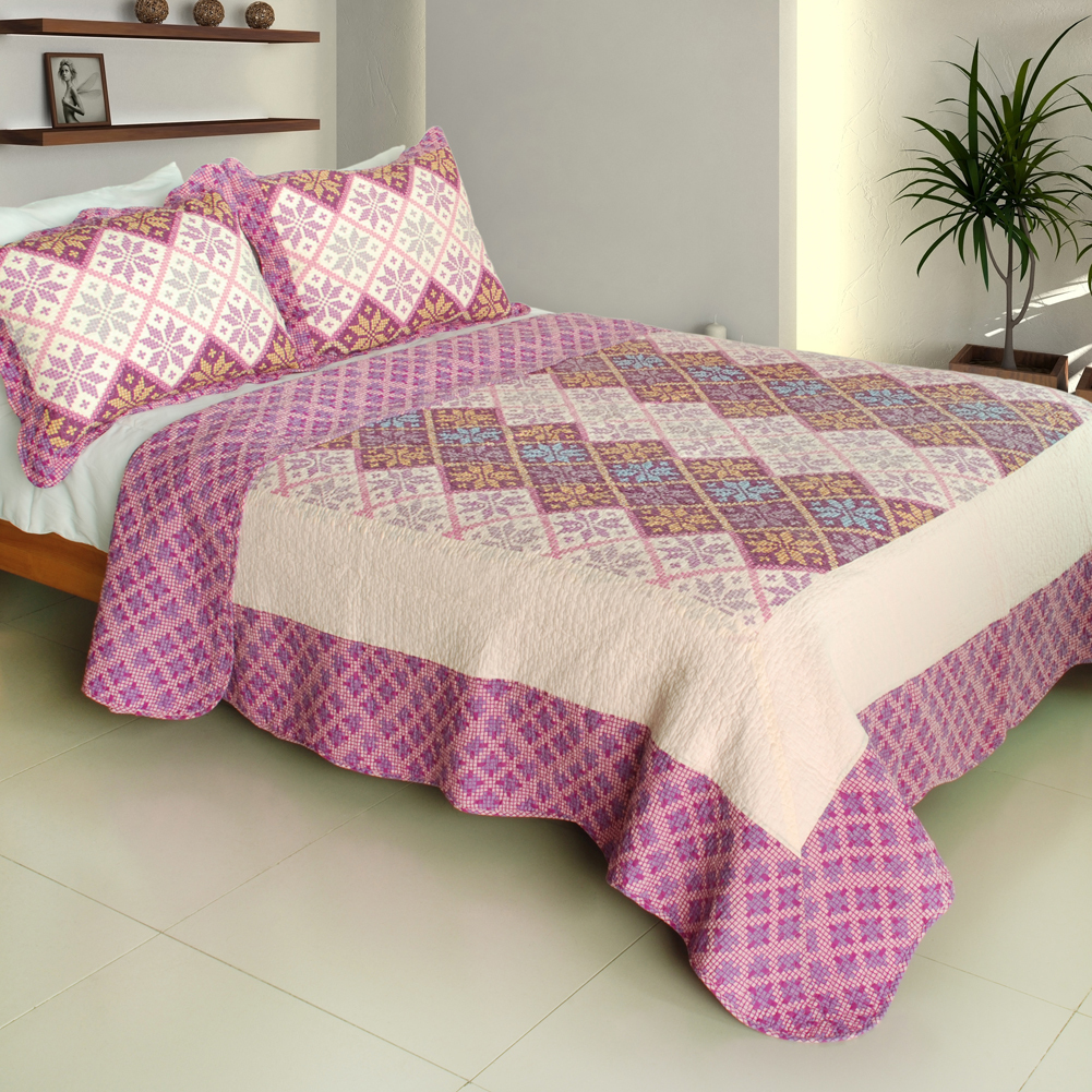 [Lucky Ring] 100% Cotton 3PC Vermicelli-Quilted Patchwork Quilt Set (Full/Queen