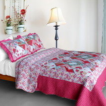 [Rose Garden] Cotton 3PC Vermicelli-Quilted Patchwork Quilt Set (Full/Queen Size - £62.90 GBP