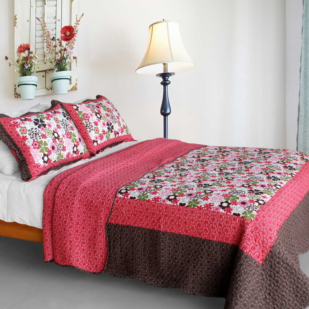[Candy Floral] Cotton 3PC Vermicelli-Quilted Patchwork Quilt Set (Full/Queen Siz
