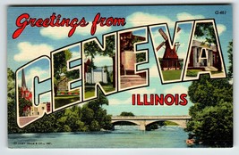 Greetings From Geneva Illinois Large Letter Linen Postcard Unused Curt T... - $20.43