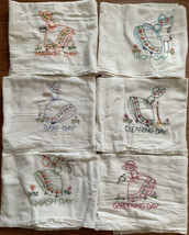 Vintage Embroidered Dish Towels Days Of Week Sun Bonnet Girls Market Garden Bake - £35.14 GBP