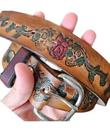 Womens Hand Tooled Belt Roses Brown Leather Western Made In USA Waist 36... - $33.77