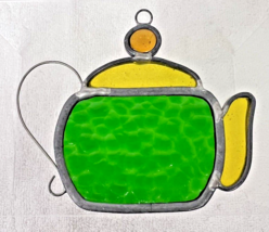 Stained Glass Teapot Yellow Green Orange Hanger 3.5 x 4 1/8 Inches Sunca... - $24.26