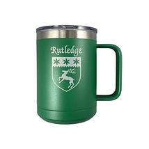 Rutledge Irish Coat of Arms Stainless Steel Green Travel Mug with Handle - $27.43