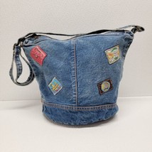 Vintage Shane Patches Denim Shoulder Bag Purse Zip Closure Adjustable Strap - $44.45
