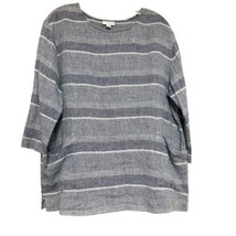 J Jill Pure Linen Cotton Blue Striped Tunic Top 3/4 Sleeve M Oversized Pockets - £16.97 GBP