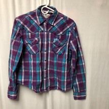 Cowgirl Hardware Shirt Girls Large Purple Teal Plaid Fringed Snaps Long ... - $14.70