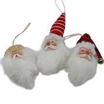 Vtg Santa Furry Bearded Face Heads Christmas Ornaments Set of 3 Different Hats - £9.72 GBP