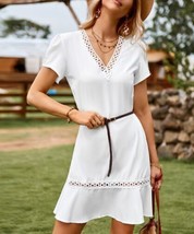 Camisa White Crochet-Accent Belted Thin V-Neck Dress M - £13.02 GBP