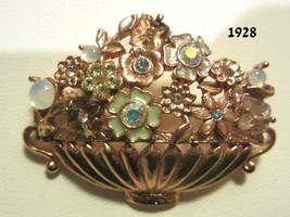 1928 Floral Basket Brooch Pin Antique Gold Tone Setting Rhinestones Enamel NWT - £20.07 GBP