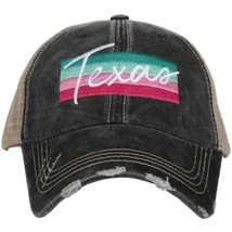 Texas Script on Striped Band Embroidered Black Distressed Trucker Hat - £19.44 GBP