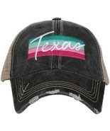 Texas Script on Striped Band Embroidered Black Distressed Trucker Hat - £19.49 GBP