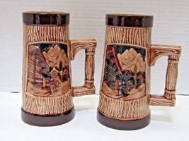 Vintage Ceramic Stein Look Tree Bark Skiing Mugs Set Of 2 - $20.79