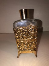 Vintage Refillable Perfume Bottle With Gold Tone Filigree 4 Footed Sleeve - £10.33 GBP