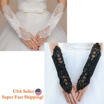 Bridal Beads Lace Emboridery Fingerless Wedding Party Long Gloves White Black - £7.23 GBP