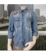 Zara Western Denim Shirt Womens S Distressed Blue Embroidered Pearl Snap... - $19.18