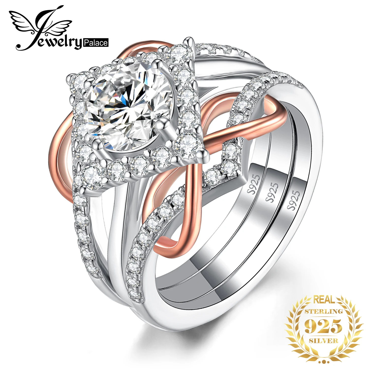 2 Pcs 925 Sterling Silver Rose Gold Wedding Engagement Ring for Woman 1.3ct AAAA - £42.15 GBP