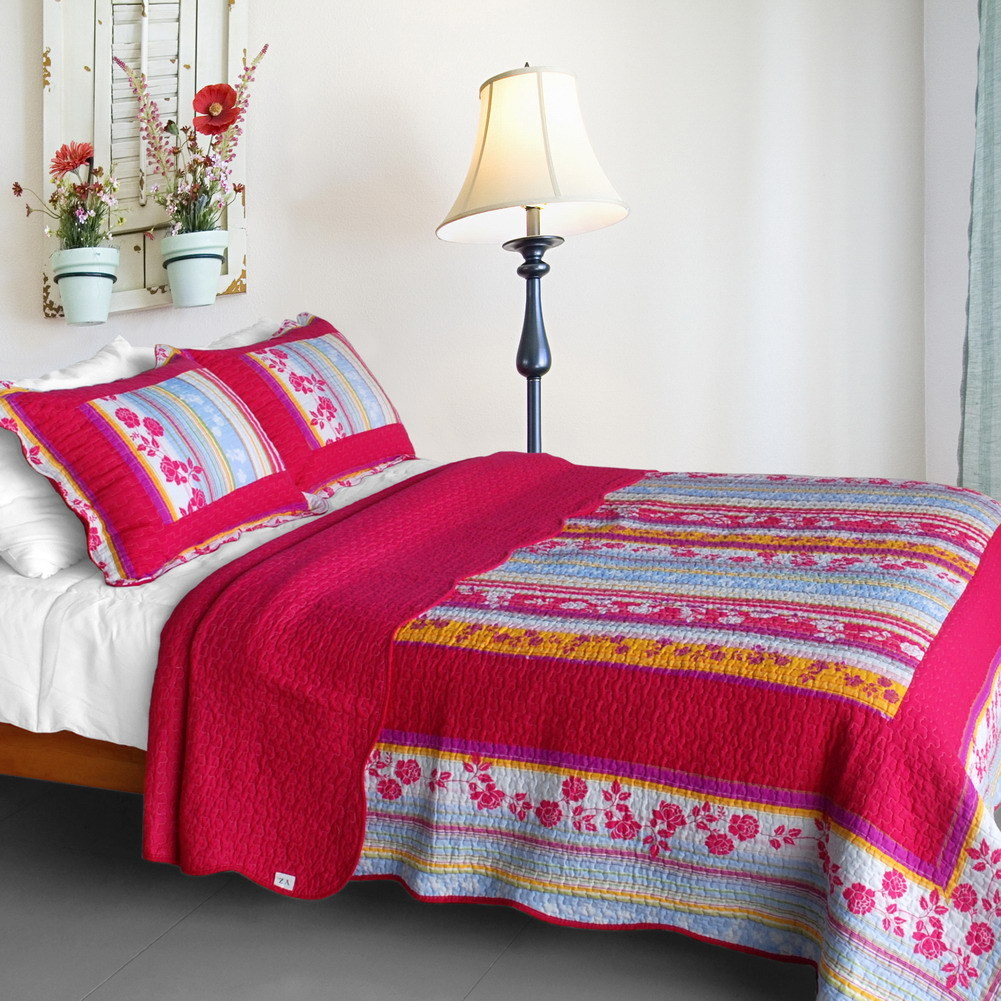 [Blooming Garden] Cotton 3PC Vermicelli-Quilted Patchwork Quilt Set (Full/Queen