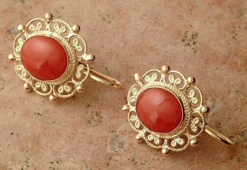 Antique Vintage 4 Ct Oval Cut Simulated Red Coral Earring 14K Yellow Gold Plated - $227.69