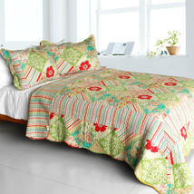[Springtime Hills] Cotton 3PC Vermicelli-Quilted Floral Patchwork Quilt Set (Ful - £63.86 GBP