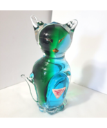 Murano Ferro And Lazzarini Glass Cat Blue + Green on Base Cute Face w Or... - $58.20