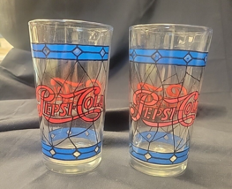 2 Pepsi Cola Glasses Vintage 1970&#39;s Tiffany Style Raised Stained Glass Tumblers - $9.45