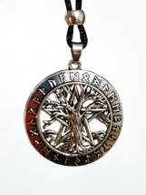 Pentacle Tree of Life Necklace Pendant Runes Pagan Wiccan Tie Cord Beaded Black - £4.93 GBP