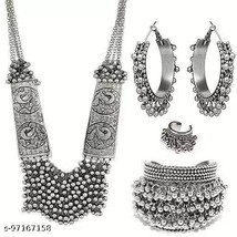 Silver Oxidized Asian Women Necklace Set Boho Fashion Jewelry Wedding Gift - £24.38 GBP