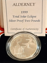 Alderney Total Solar Eclipse 925 Silver  Proof  1999 Ltd Ed £2 Coin coa - £28.08 GBP