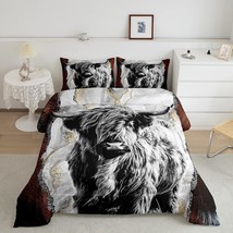 Highland Cow Comforter Set King,Bull Cattle Bedding Set,Gold Grey Marble Duvet I - £94.11 GBP