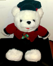 Christmas 12&quot; White Plush Teddy Bear Green Red Outfit With Hat Holiday Decor - £14.08 GBP