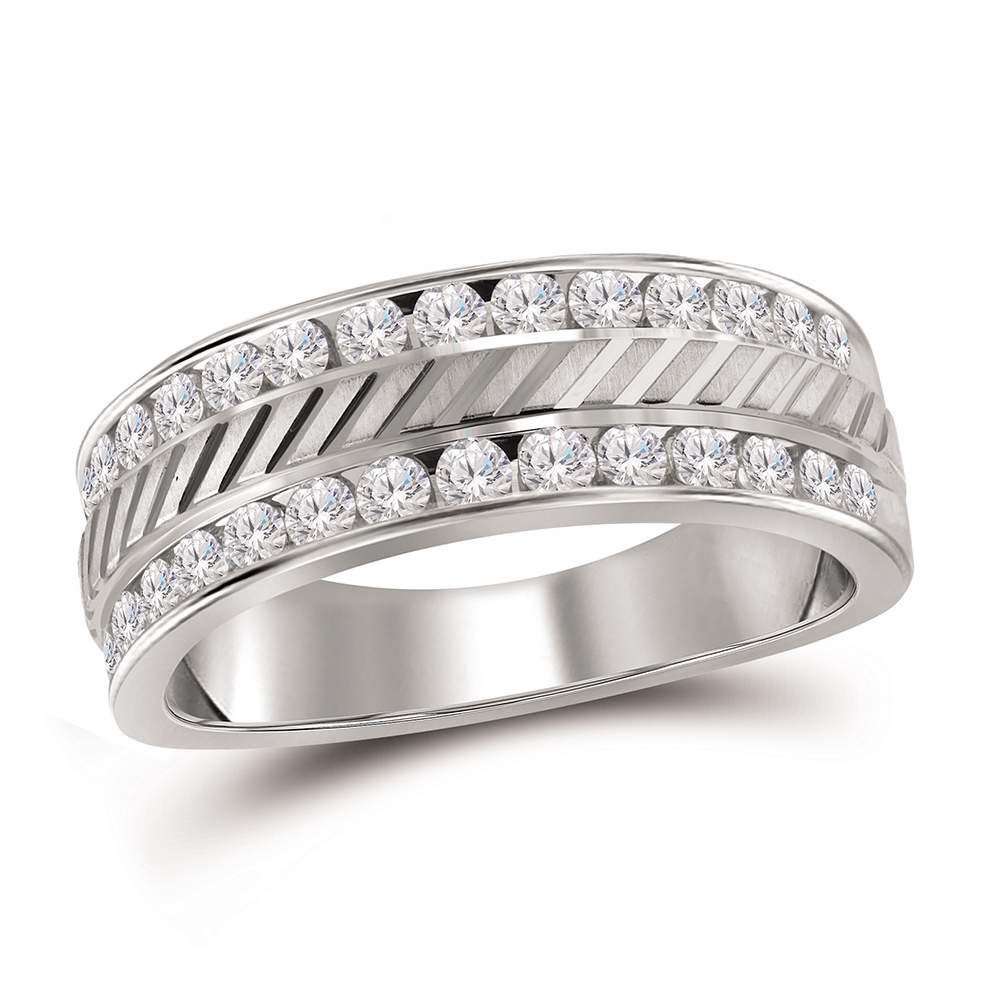 14k White Gold Mens Round Channel-set Diamond Double Row Wedding Band Ring - $1,499.00