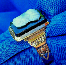 Antique Victorian 14k Gold Ring Hard stone Deco Intaglio Onyx Portrait Cameo - $926.25
