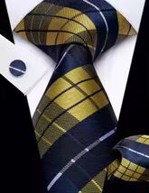Blue &amp; Yellow (Plaid/Striped) Necktie Set (with Hanky &amp; Cuflinks) - $18.99