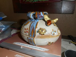 Ceramic Easter Egg Shaped Lidded Dish Box Heavy Glazed With Bow And BIRD = NICE - £7.70 GBP