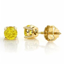 1CT Round Canary Yellow Solid 14K Yellow Gold Stud ScrewBack Earrings - £72.42 GBP