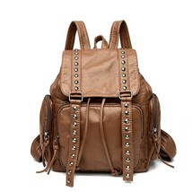 High Quality Rivet Soft Leather Women Backpa Designer Large Capacity Female Scho - £99.99 GBP