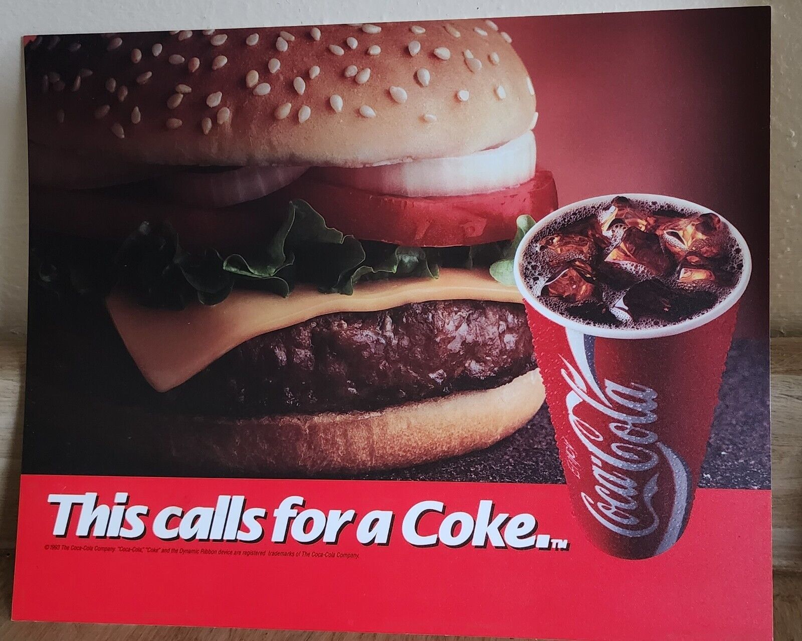 1993 This Calls For A Coke Single Side Plastic Sign Cola Cola Cheeseburger NOS - $7.59