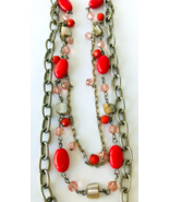 Chain Link Vintage 3 Tier Necklace Coral Style Beads Crystals Shell 24&quot; ... - £22.74 GBP