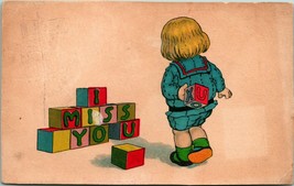 Vtg Postcard 1914 Comic - I Miss You Alphabet Block Spellout w Child XO - $9.85