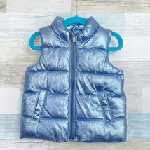 Old Navy Metallic Puffer Vest Blue Fleece Lined Pockets Zip Baby Girl 12M 18M - £15.56 GBP