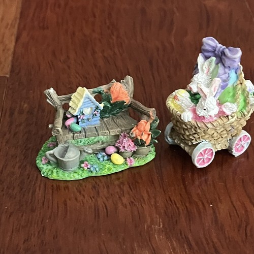 Vtg Easter Bunny Village Figurines Rabbit Bunnies Basket Carriage &amp; Spri... - $11.85
