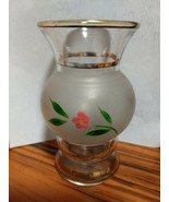 Vintage Clear Glass Vase Satin Hand Painted Pink Flower 4&quot; Tall Good Cond. - £4.67 GBP
