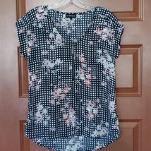 My Michelle Blue Pink Dot Floral Print Shortsleeve Blouse Size Small - $11.88