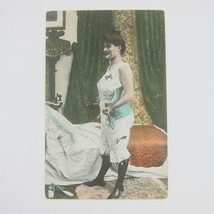 Postcard Risque French Woman Undressing in Bedroom Next to Bed Antique - £7.79 GBP